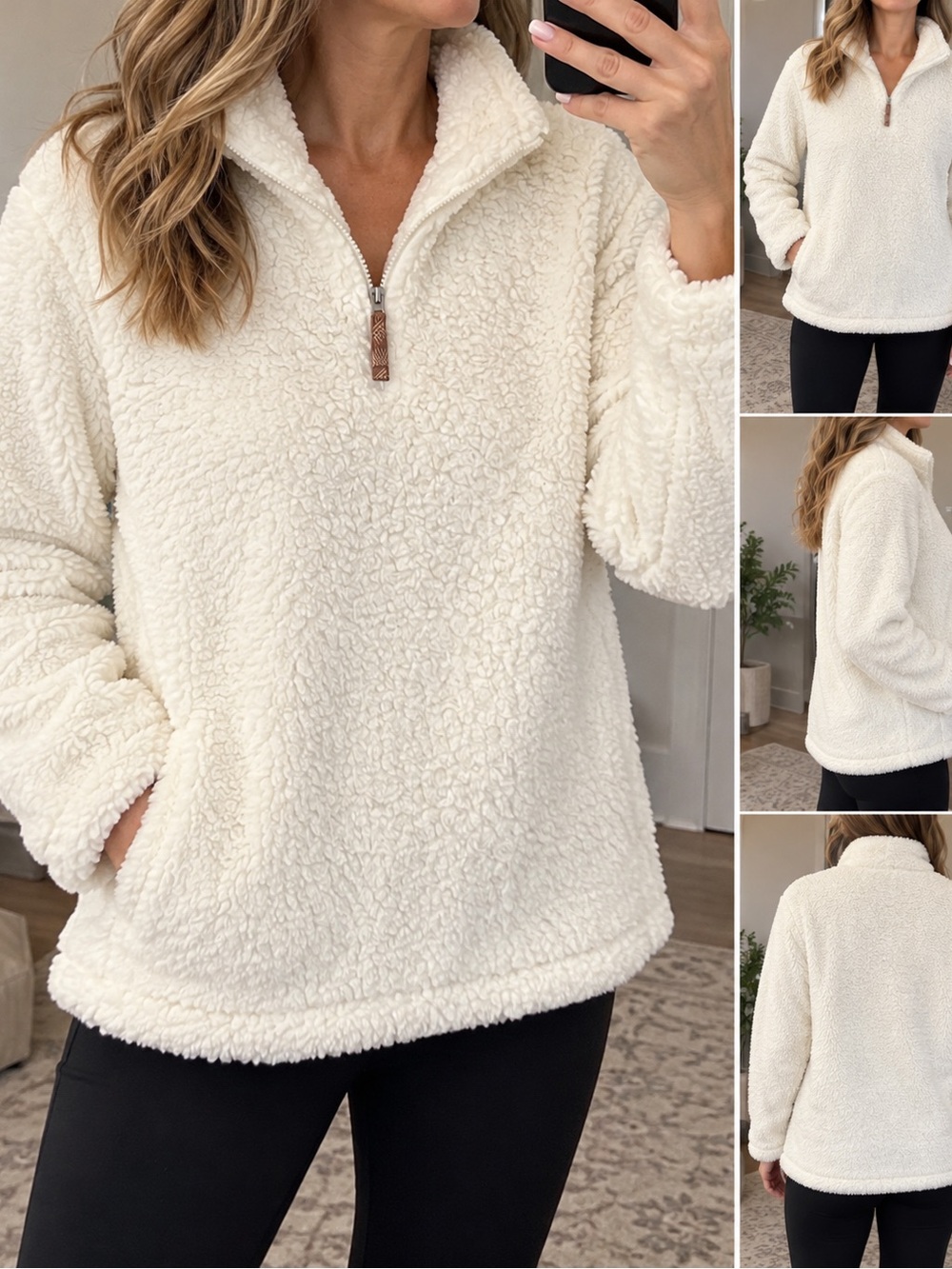 Weatherproof Vintage Cozy Ivory Sherpa Quarter-Zip Pullover Size L